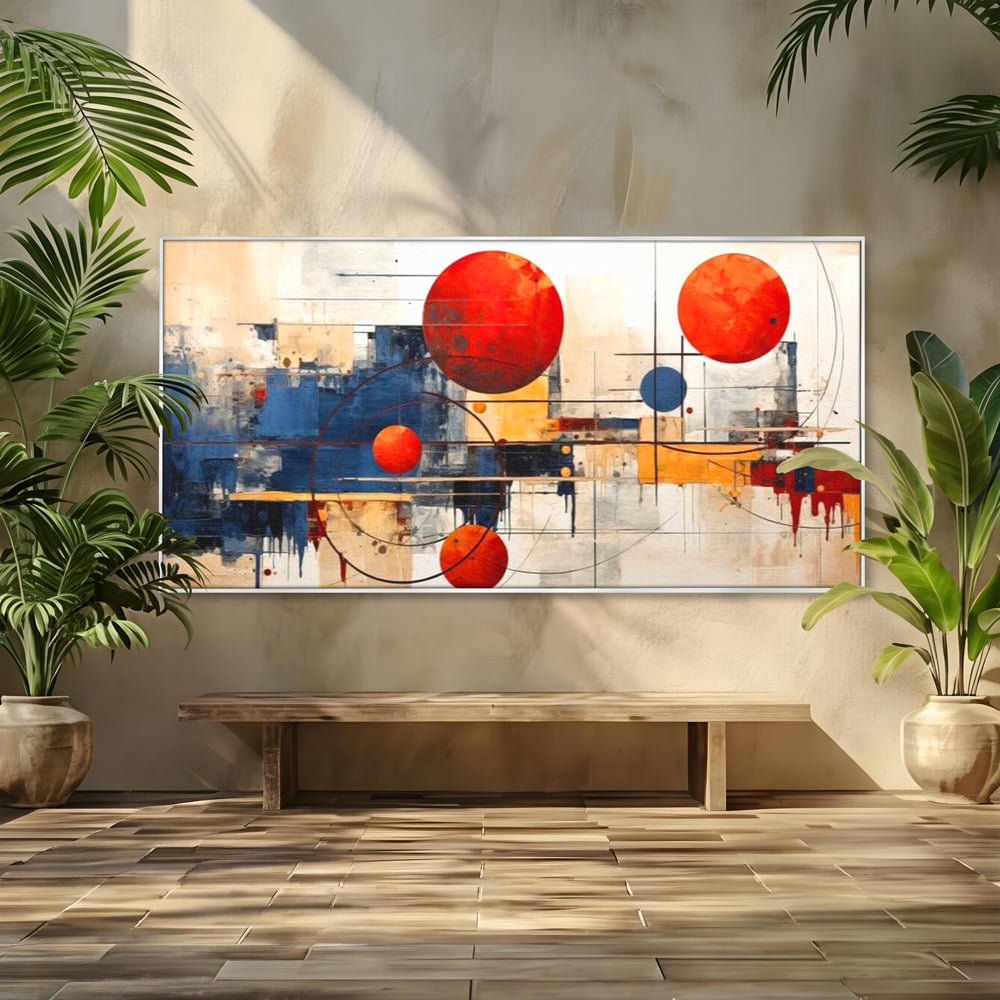 Tablou canvas cu pictura abstracta cu sfere rosii si orbite, in rama de aluminiu argintiu